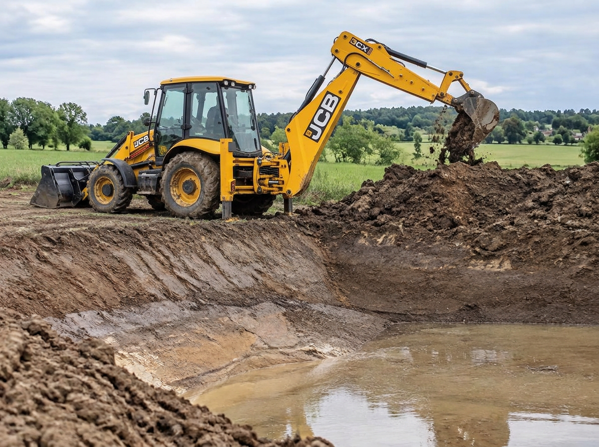 Koparko-ładowarka JCB 3CX przy pracach ziemnych nad stawem